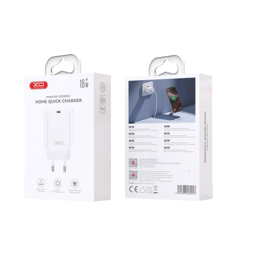 XO Design CE33 Network Charger, 18W, 3A, 1 x USB-A, White