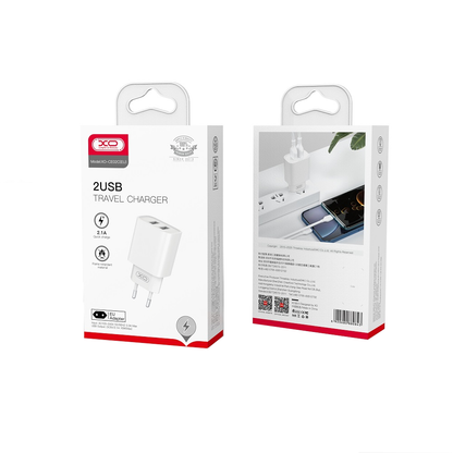 XO Design CE02C hálózati töltő, 10.5W, 2.1A, 2 x USB-A, Fehér