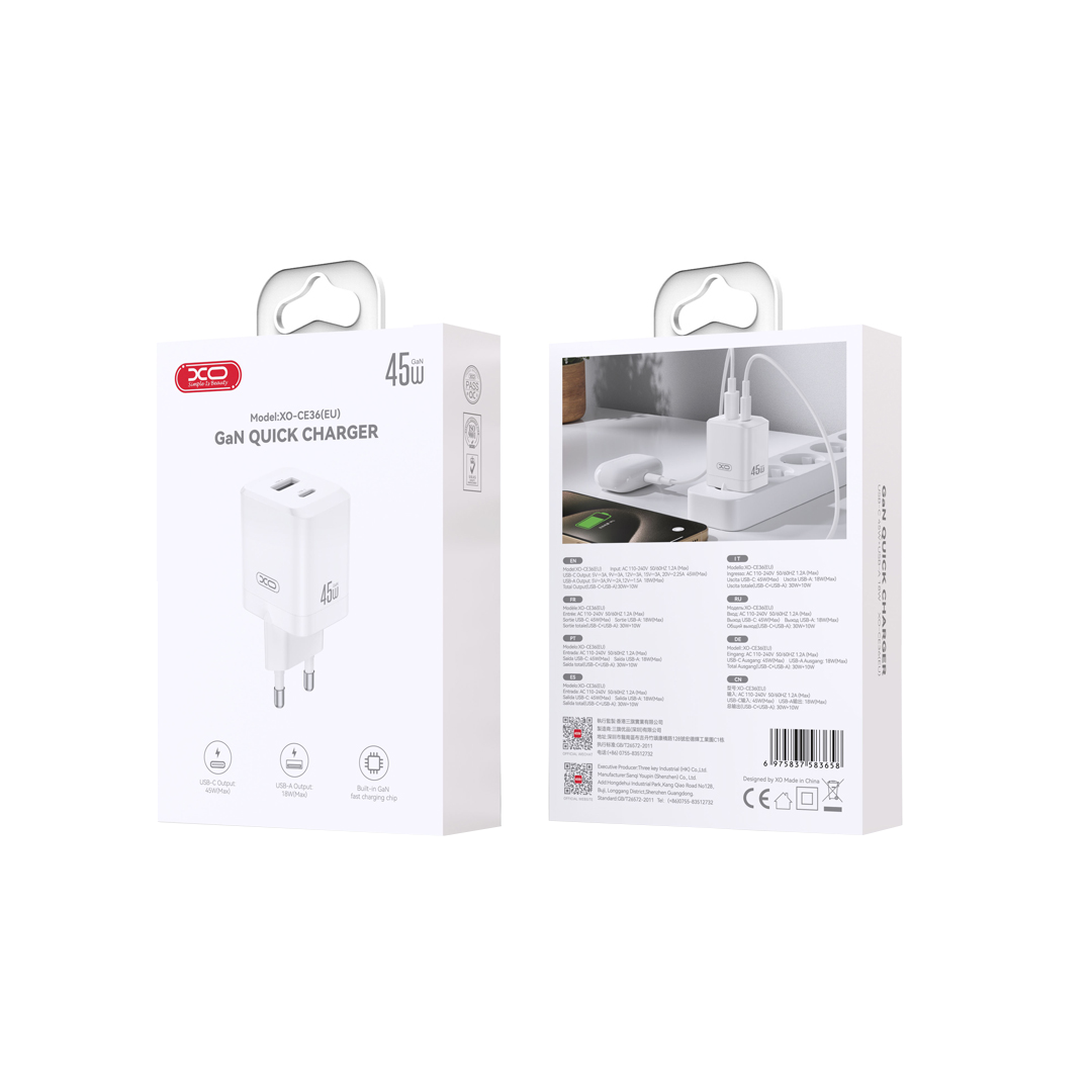 XO Design CE36 hálózati töltő, 45W, 3A, 1 x USB-A - 1 x USB-C, fehér