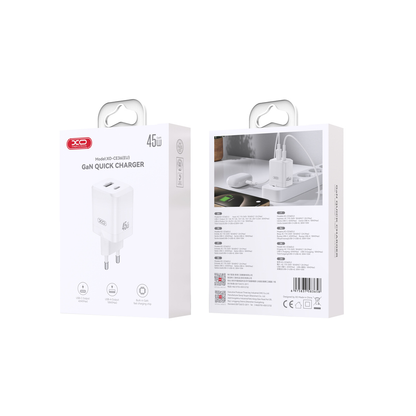 XO Design CE36 hálózati töltő, 45W, 3A, 1 x USB-A - 1 x USB-C, fehér