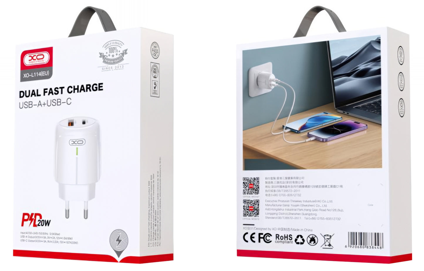 XO Design L114 hálózati töltő, 20W, 3A, 1 x USB-A - 1 x USB-C, Fehér