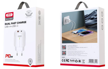 XO Design L114 hálózati töltő, 20W, 3A, 1 x USB-A - 1 x USB-C, Fehér