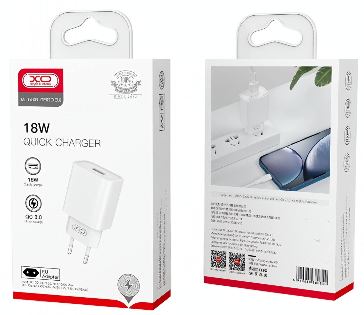 XO Design CE02D hálózati töltő, 18W, 3A, 1 x USB-A, Fehér
