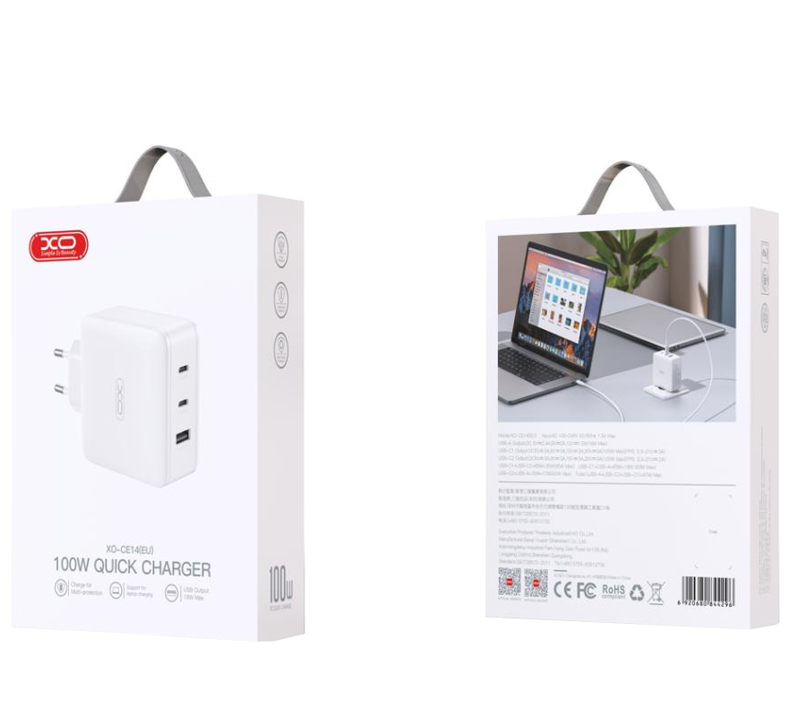 XO Design CE14 hálózati töltő, 100W, 3,25A, 1 x USB-A - 2 x USB-C, Fehér