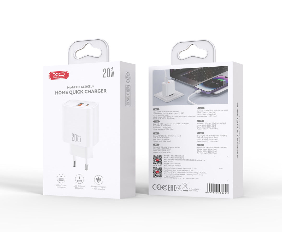 XO Design CE40 Network Charger, 20W, 3A, 1 x USB-A - 1 x USB-C, White