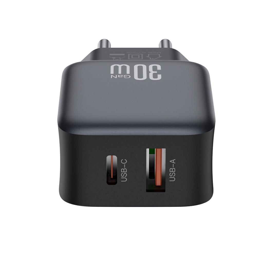 XO Design L156 hálózati töltő, 30W, 3A, 1 x USB-A - 1 x USB-C, Fekete