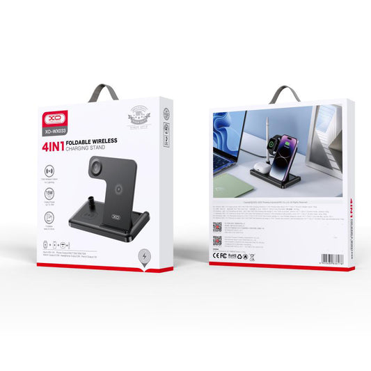 XO Design WX033 4in1 vezeték nélküli hálózati töltő, 15W, 1.67A, Fekete