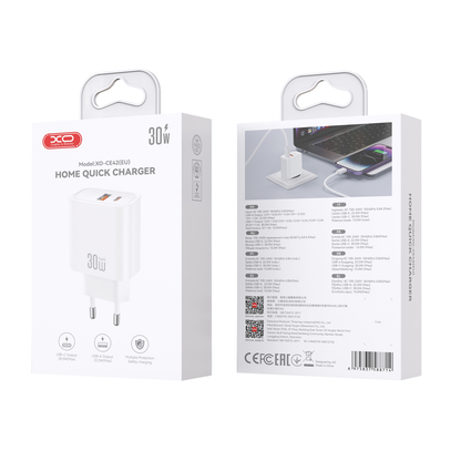 XO Design CE42 hálózati töltő, 30W, 3A, 1 x USB-A - 1 x USB-C, Fehér