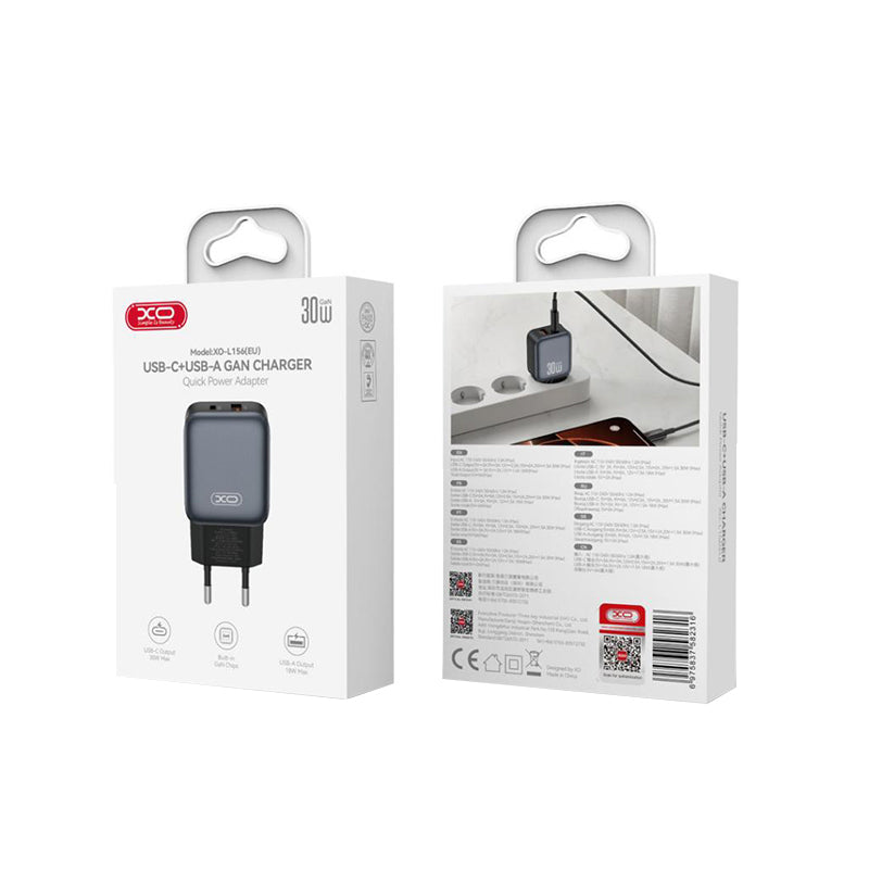 XO Design L156 hálózati töltő, 30W, 3A, 1 x USB-A - 1 x USB-C, Fekete