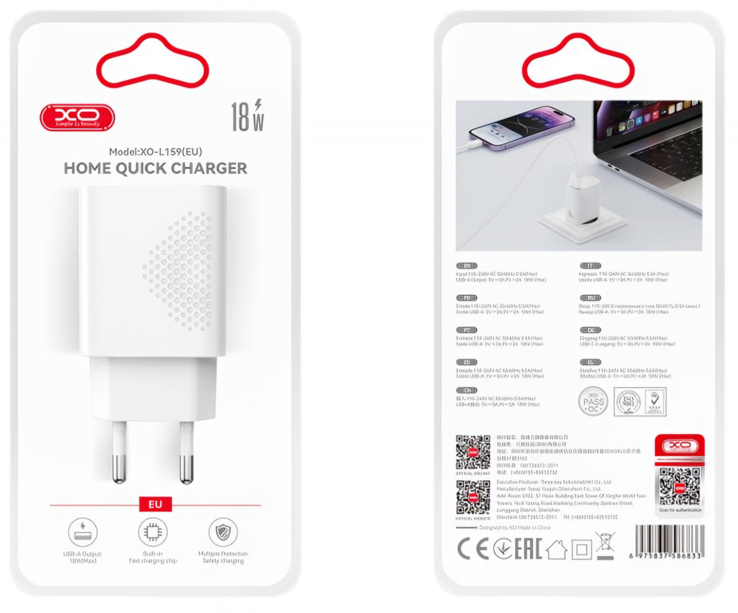 XO Design L159 hálózati töltő, 18W, 3A, 1 x USB-A, Fehér