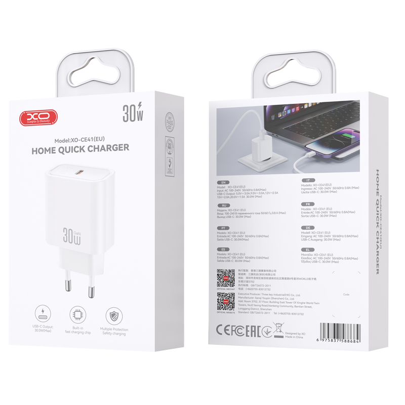 XO Design CE41 hálózati töltő, 30W, 3A, 1 x USB-C, Fehér