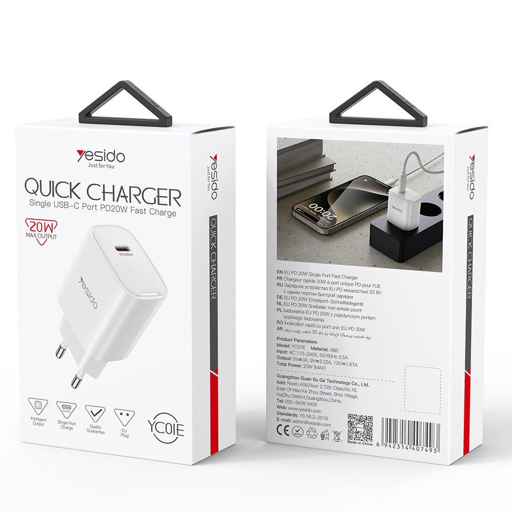 Hálózati töltő Yesido YC01E, 20W, 3A, 1 x USB-C, Fehér