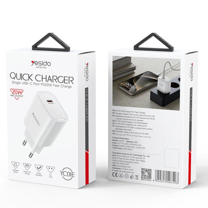Hálózati töltő Yesido YC01E, 20W, 3A, 1 x USB-C, Fehér