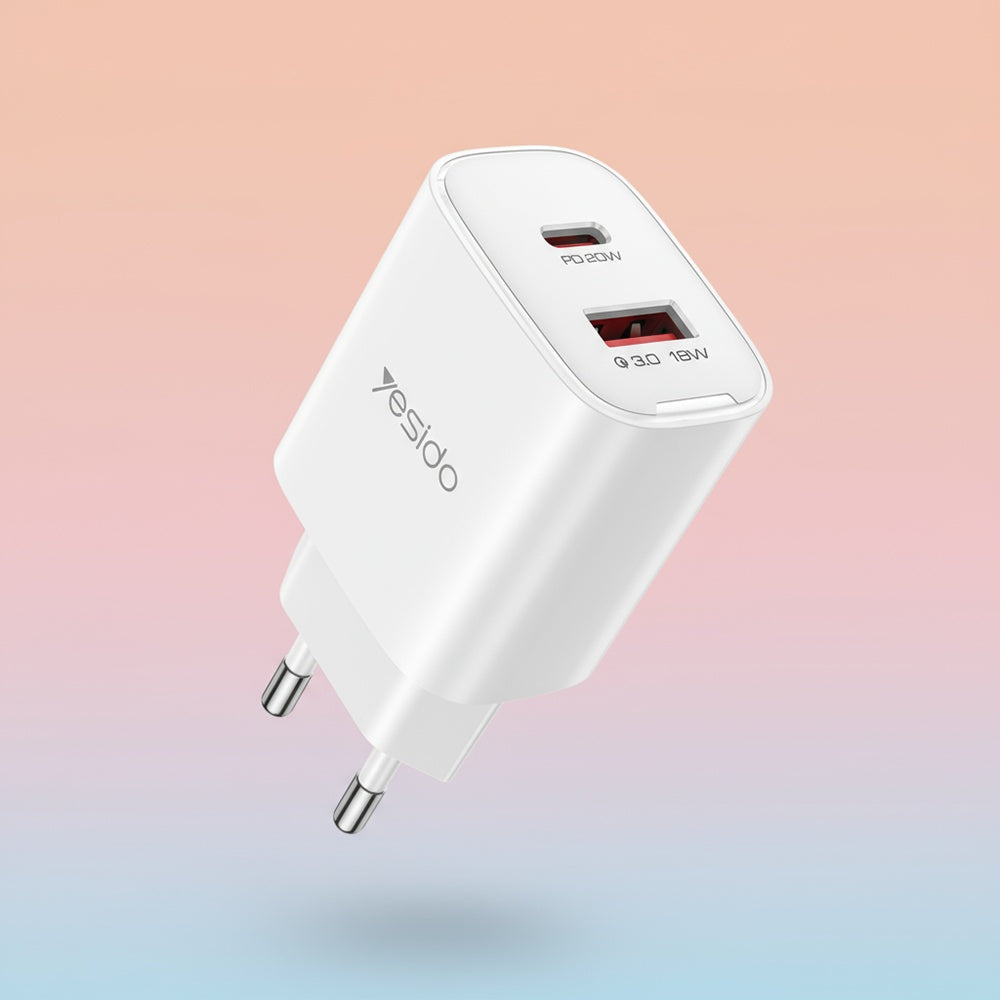 Yesido YC02E hálózati töltő, 20W, 3A, 1 x USB-A - 1 x USB-C, Fehér
