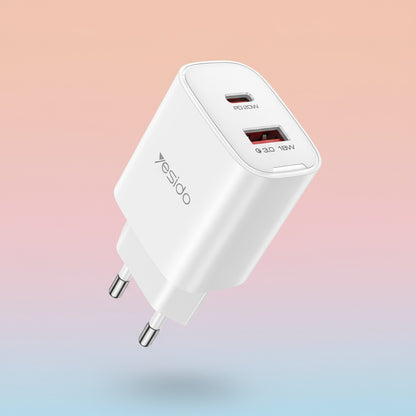 Yesido YC02E hálózati töltő, 20W, 3A, 1 x USB-A - 1 x USB-C, Fehér