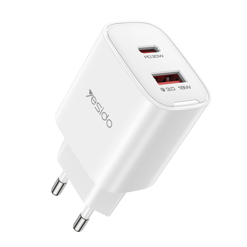 Yesido YC02E hálózati töltő, 20W, 3A, 1 x USB-A - 1 x USB-C, Fehér