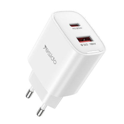 Yesido YC02E hálózati töltő, 20W, 3A, 1 x USB-A - 1 x USB-C, Fehér