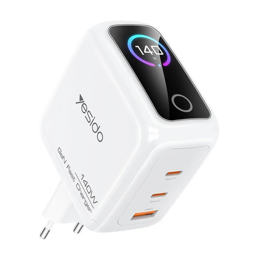 Yesido YC114 hálózati töltő kijelzővel, 140W, 5A, 1 x USB-A - 2 x USB-C, fehér