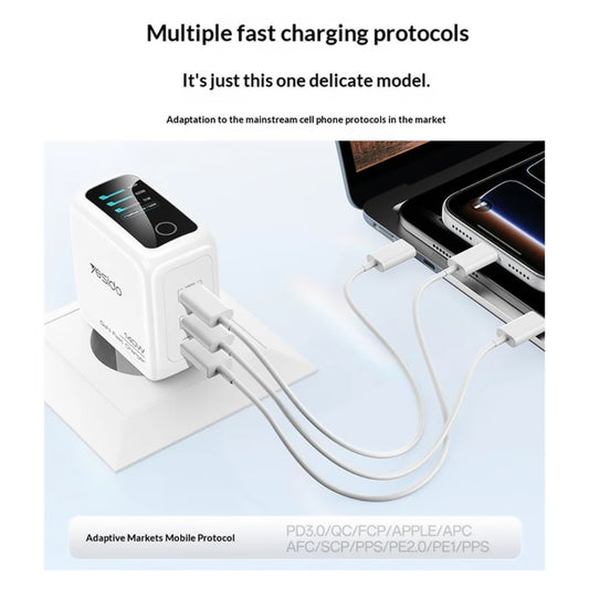 Yesido YC114 hálózati töltő kijelzővel, 140W, 5A, 1 x USB-A - 2 x USB-C, fehér