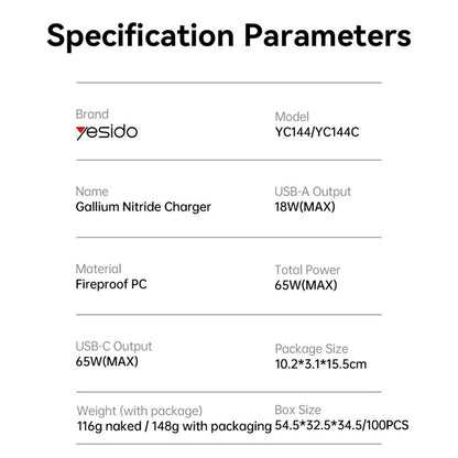 Yesido YC144 Network Charger, 65W, 3.25A, 1 x USB-A - 2 x USB-C, Black