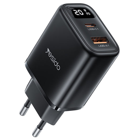 Yesido YC68 Network Charger, 20W Display, 3A, 1 x USB-A - 1 x USB-C, Black