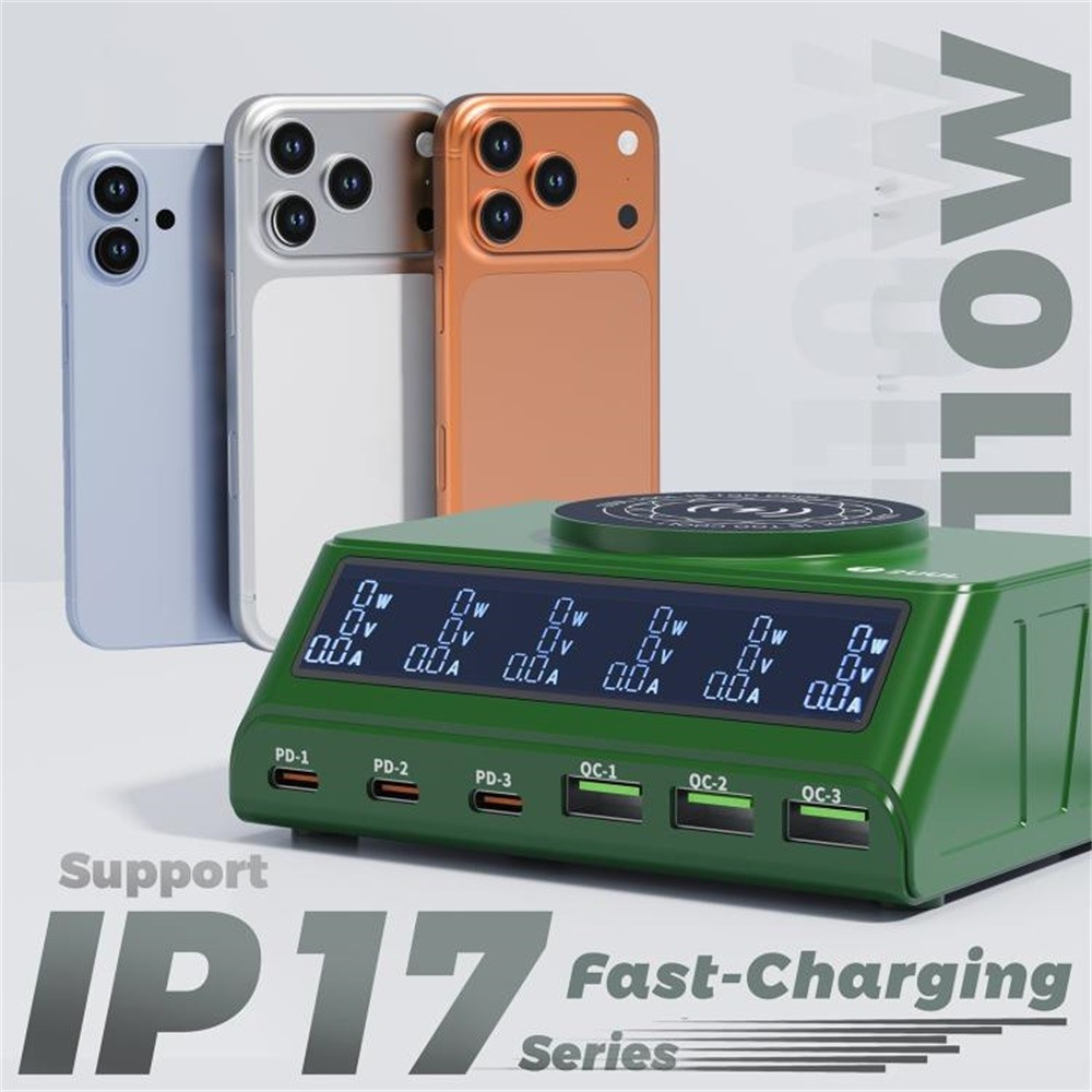 2UUL PC11 QI töltőállomás, 110W, 3A, 3 x USB-A - 3 x USB-C, Zöld