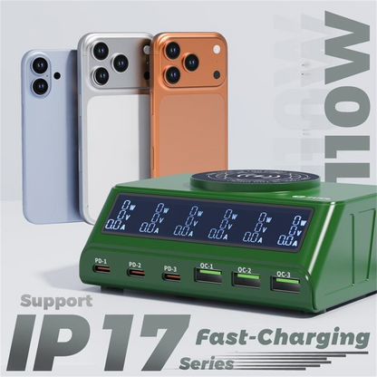 2UUL PC11 QI töltőállomás, 110W, 3A, 3 x USB-A - 3 x USB-C, Zöld
