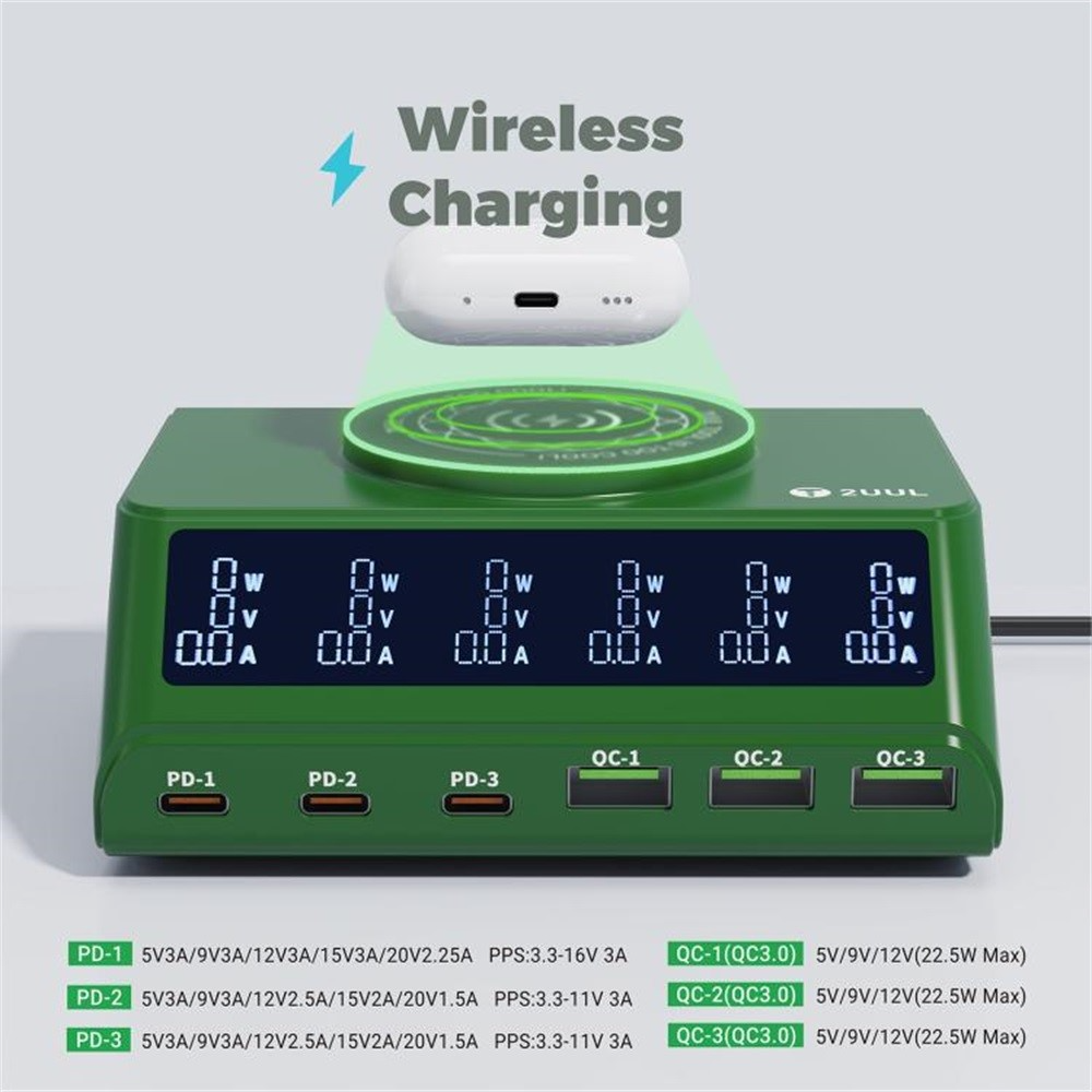 2UUL PC11 QI töltőállomás, 110W, 3A, 3 x USB-A - 3 x USB-C, Zöld