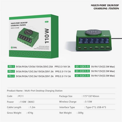 2UUL PC11 QI töltőállomás, 110W, 3A, 3 x USB-A - 3 x USB-C, Zöld