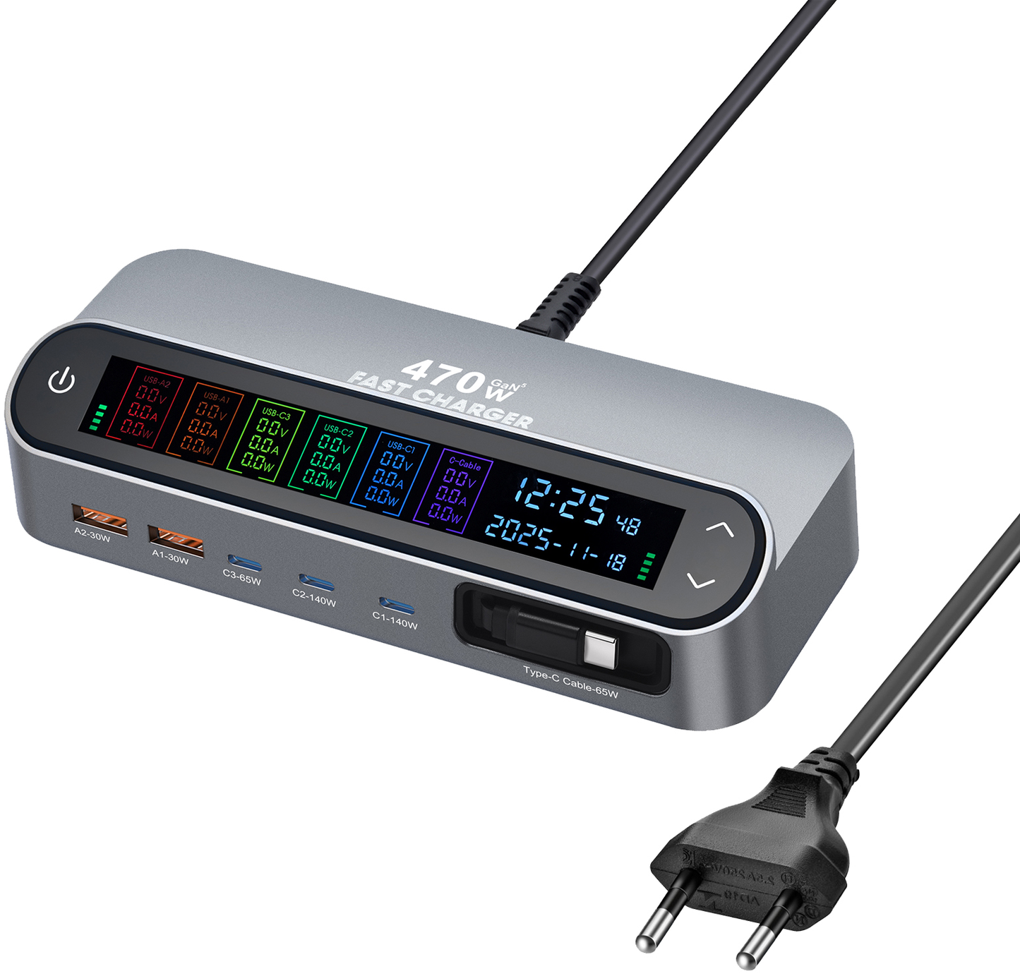 OEM LCD470W USB-C Kábeles Állomás Töltő, 470W, 5A, 2 x USB-A - 3 x USB-C, Szürke