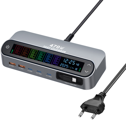 OEM LCD470W USB-C Kábeles Állomás Töltő, 470W, 5A, 2 x USB-A - 3 x USB-C, Szürke