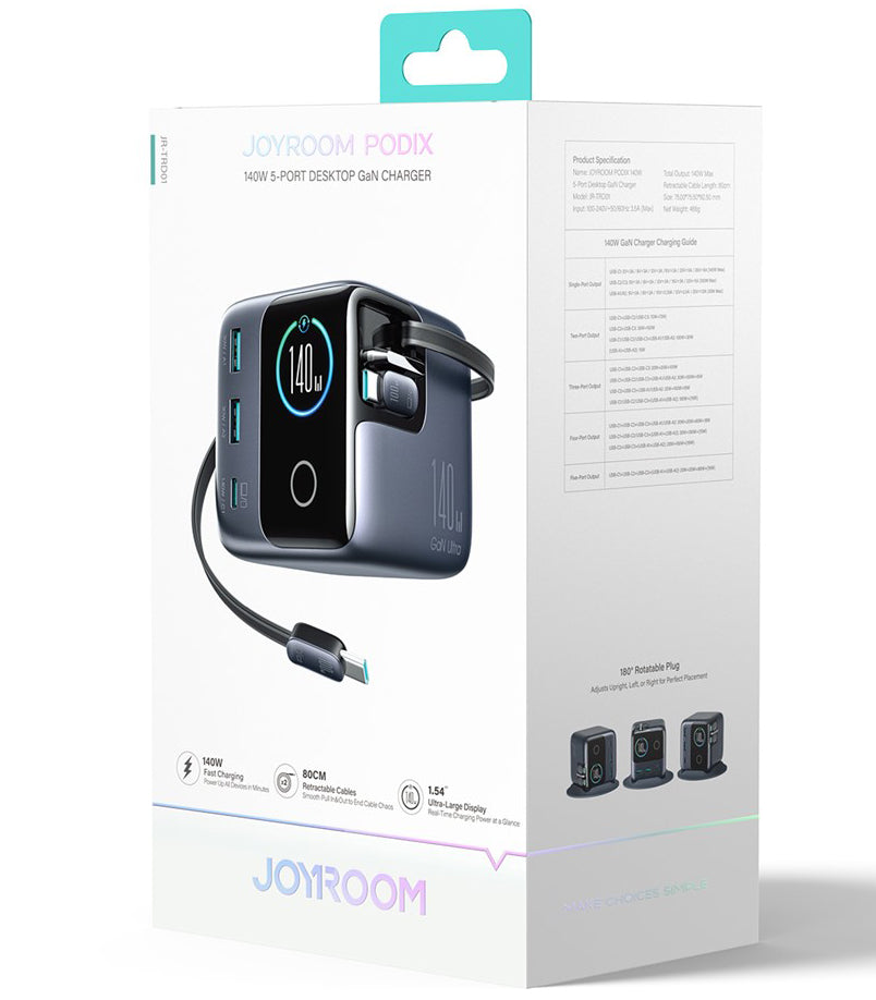USB-C kábelles Joyroom Podix JR-TRD01 töltőállomás, 140W, 1 x USB-C - 2 x USB-A, szürke