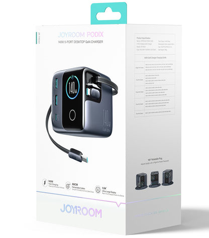 USB-C kábelles Joyroom Podix JR-TRD01 töltőállomás, 140W, 1 x USB-C - 2 x USB-A, szürke