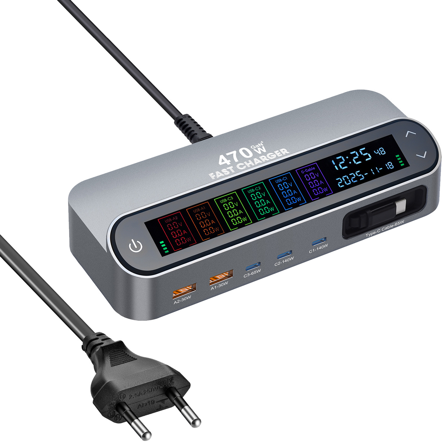 OEM LCD470W USB-C Kábeles Állomás Töltő, 470W, 5A, 2 x USB-A - 3 x USB-C, Szürke