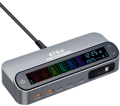 OEM LCD470W USB-C Kábeles Állomás Töltő, 470W, 5A, 2 x USB-A - 3 x USB-C, Szürke