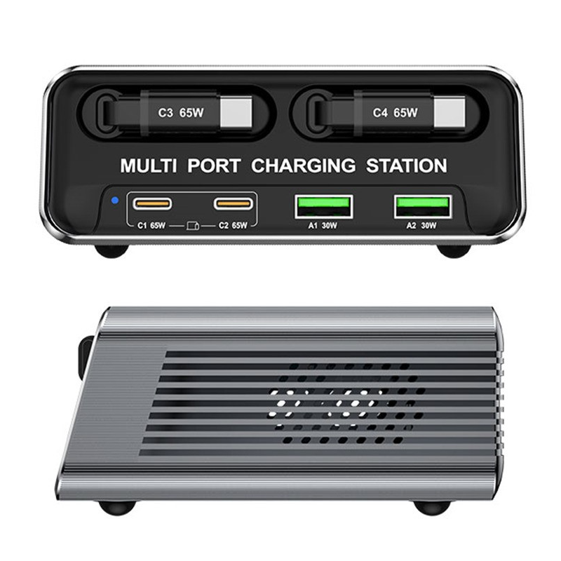 OEM WLX-60C USB-C Kábeles Állomás Töltő, 130W, 2 x USB-A - 2 x USB-C, Szürke