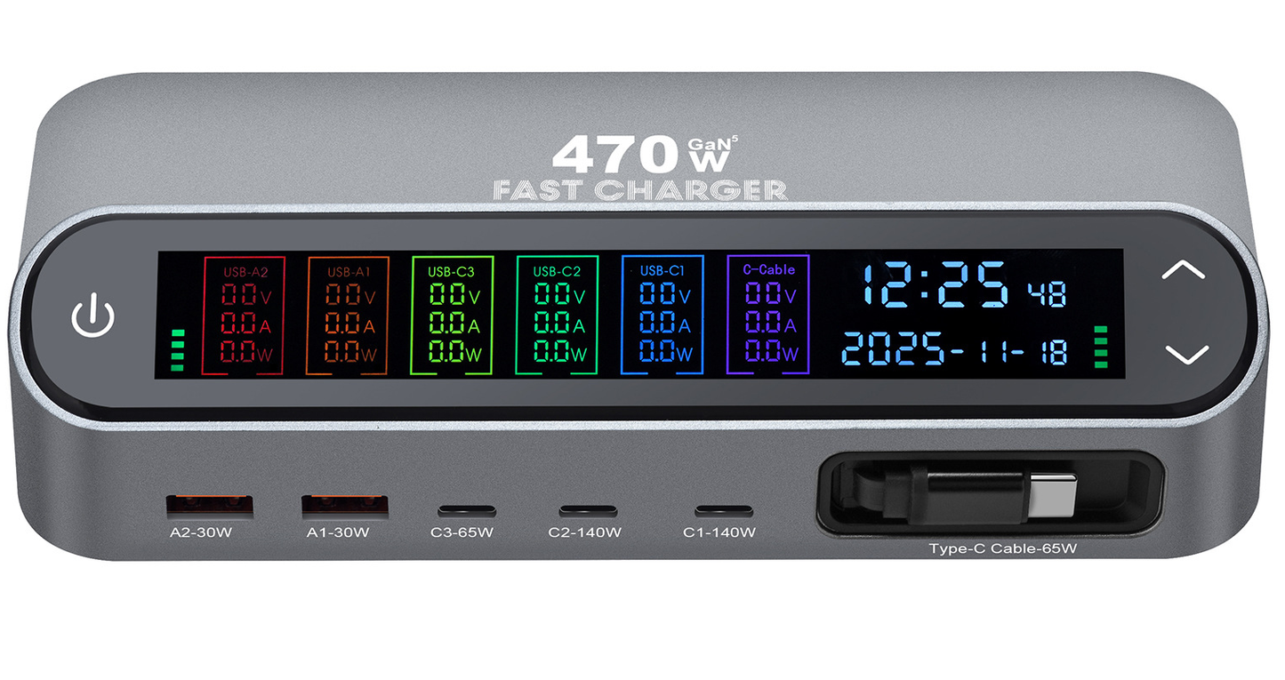 OEM LCD470W USB-C Kábeles Állomás Töltő, 470W, 5A, 2 x USB-A - 3 x USB-C, Szürke