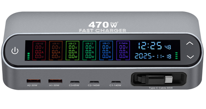 OEM LCD470W USB-C Kábeles Állomás Töltő, 470W, 5A, 2 x USB-A - 3 x USB-C, Szürke