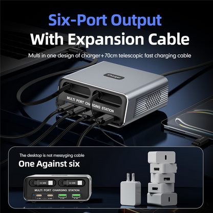 OEM WLX-60C USB-C Kábeles Állomás Töltő, 130W, 2 x USB-A - 2 x USB-C, Szürke