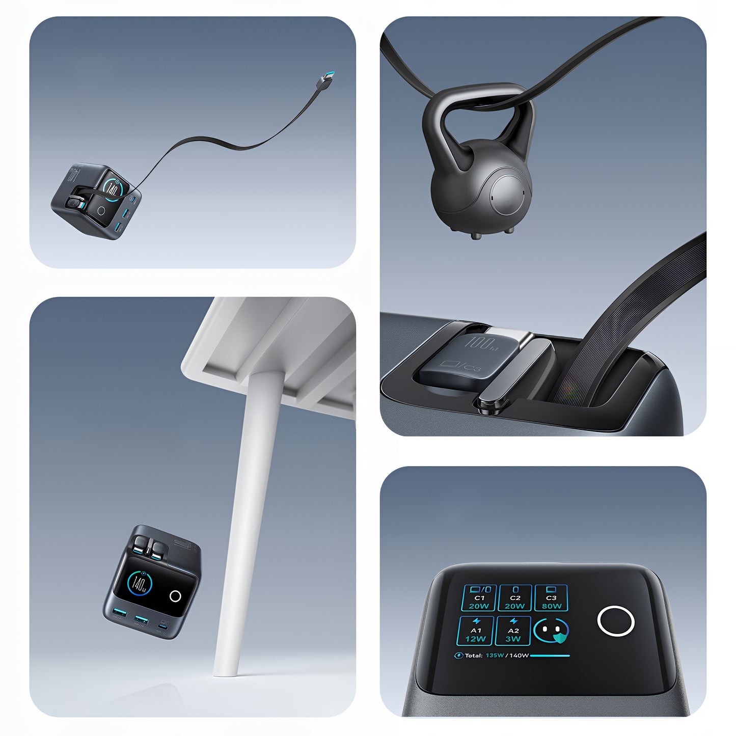 USB-C kábelles Joyroom Podix JR-TRD01 töltőállomás, 140W, 1 x USB-C - 2 x USB-A, szürke