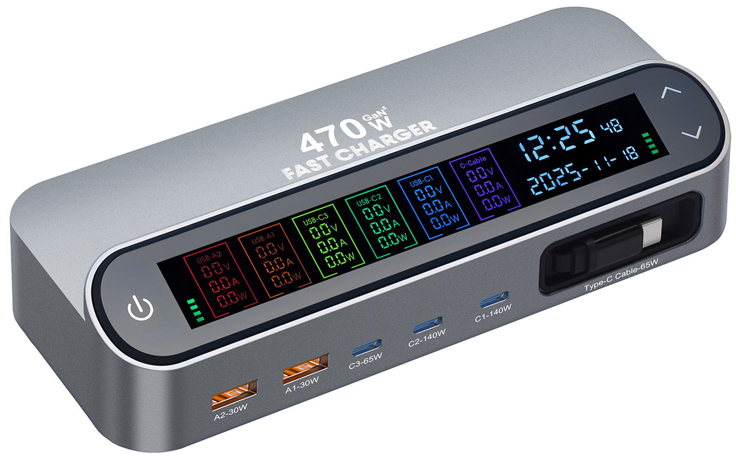 OEM LCD470W USB-C Kábeles Állomás Töltő, 470W, 5A, 2 x USB-A - 3 x USB-C, Szürke