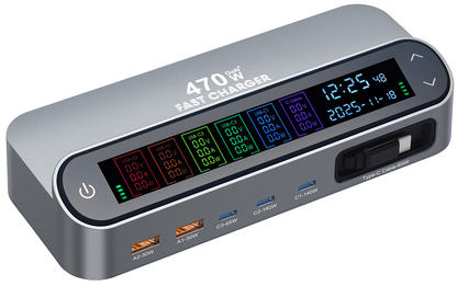 OEM LCD470W USB-C Kábeles Állomás Töltő, 470W, 5A, 2 x USB-A - 3 x USB-C, Szürke