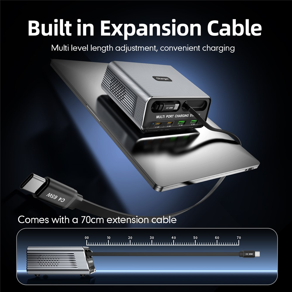 OEM WLX-60C USB-C Kábeles Állomás Töltő, 130W, 2 x USB-A - 2 x USB-C, Szürke