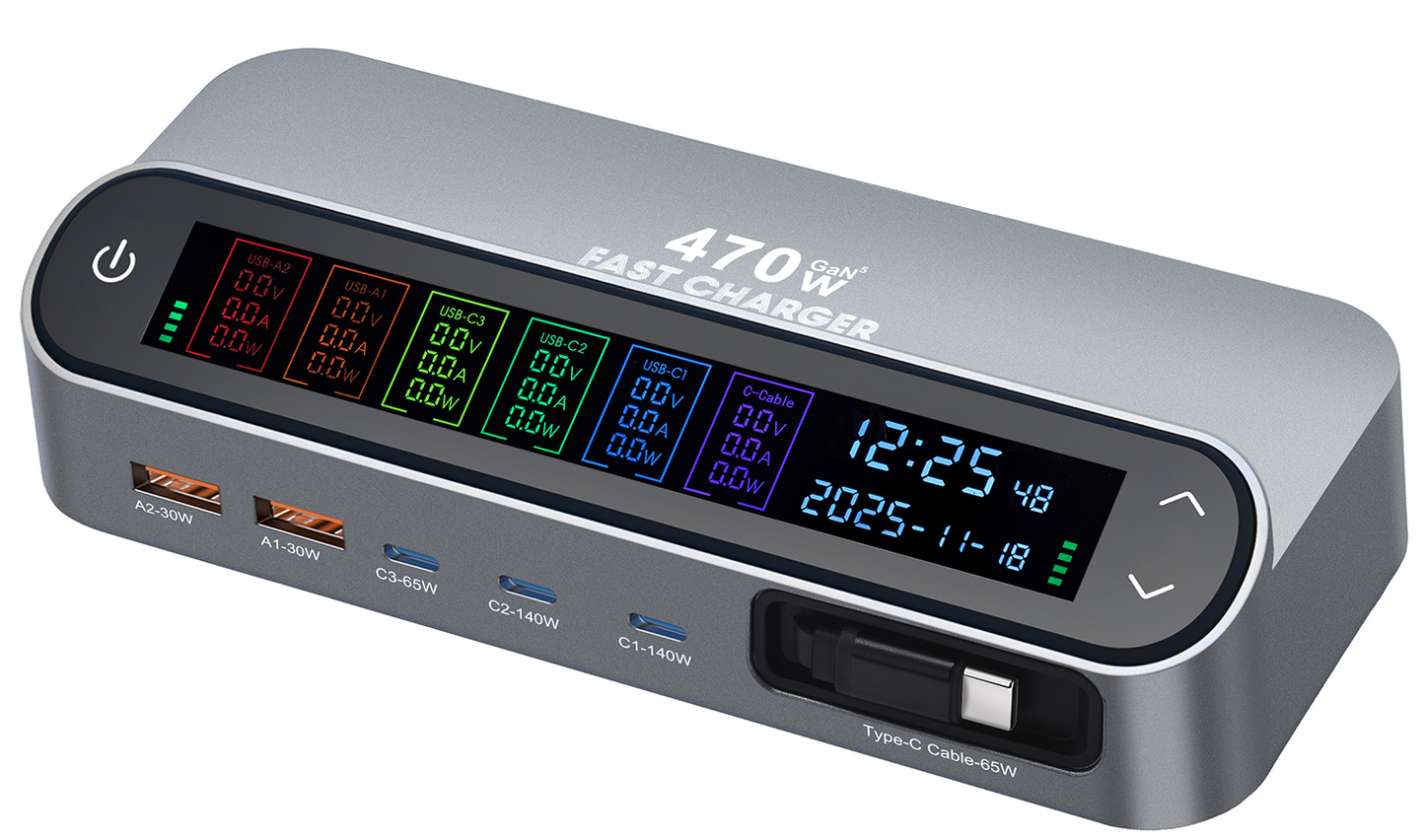 OEM LCD470W USB-C Kábeles Állomás Töltő, 470W, 5A, 2 x USB-A - 3 x USB-C, Szürke