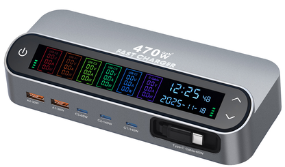 OEM LCD470W USB-C Kábeles Állomás Töltő, 470W, 5A, 2 x USB-A - 3 x USB-C, Szürke