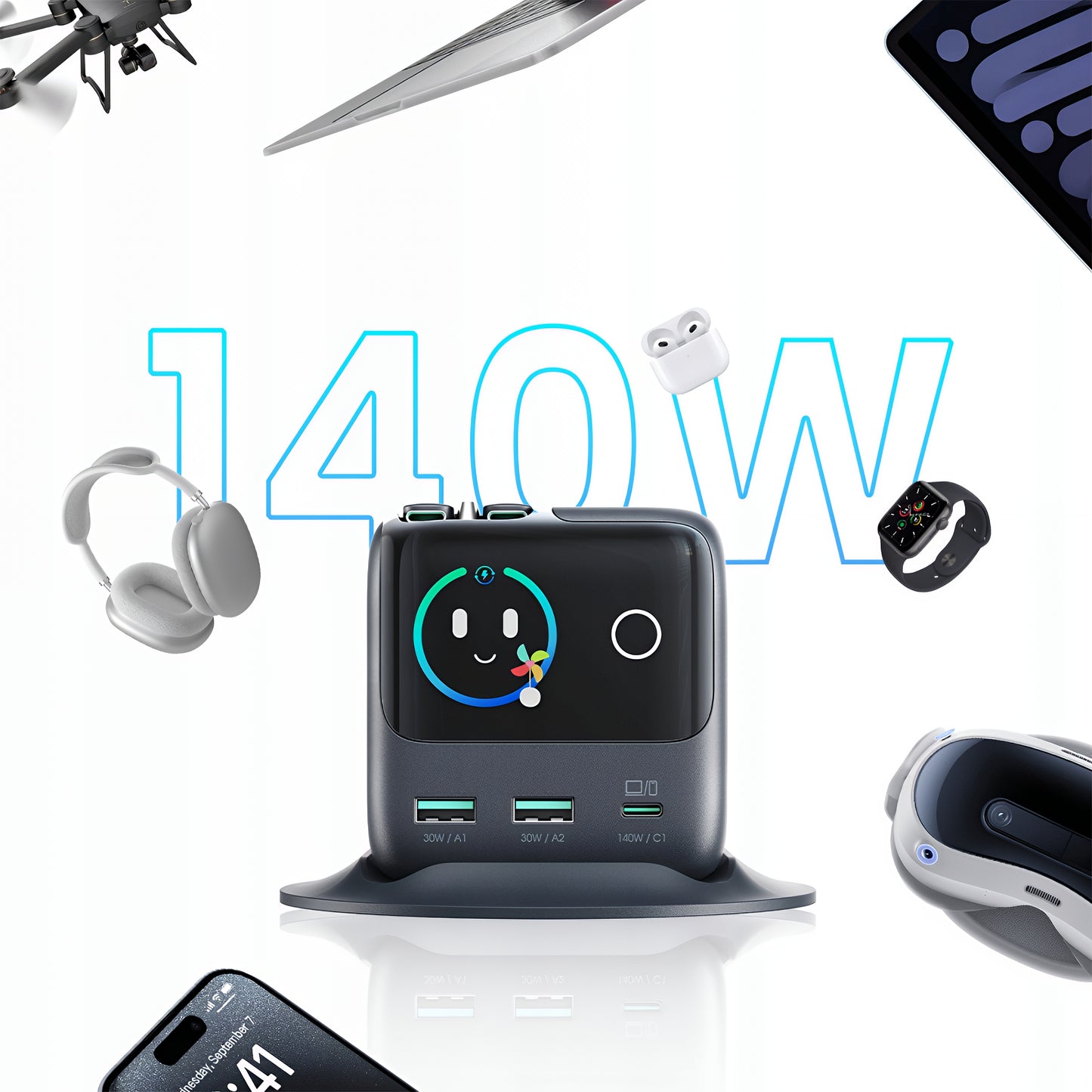 USB-C kábelles Joyroom Podix JR-TRD01 töltőállomás, 140W, 1 x USB-C - 2 x USB-A, szürke
