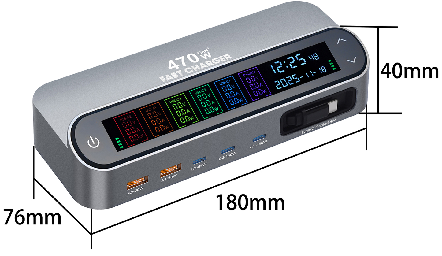 OEM LCD470W USB-C Kábeles Állomás Töltő, 470W, 5A, 2 x USB-A - 3 x USB-C, Szürke
