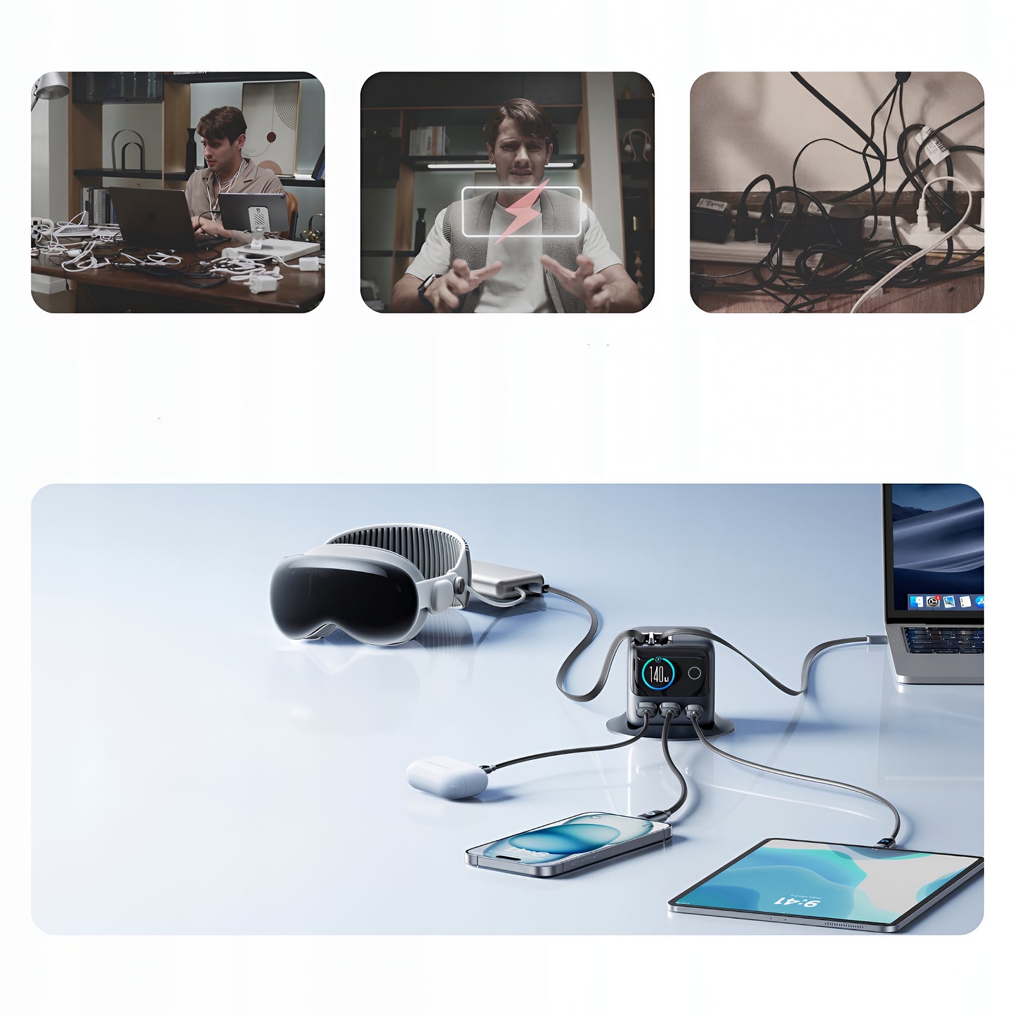 USB-C kábelles Joyroom Podix JR-TRD01 töltőállomás, 140W, 1 x USB-C - 2 x USB-A, szürke