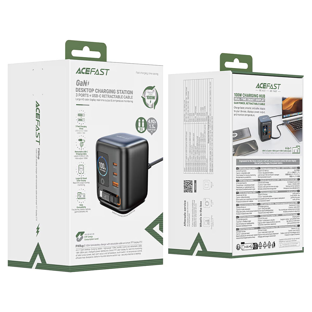 Acefast Z10 USB-C kábeles töltőállomás, 100W, 1 x USB-A - 2 x USB-C, fekete