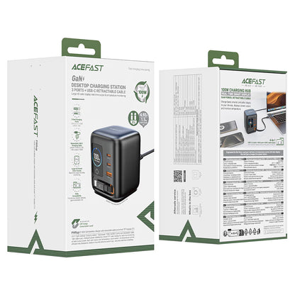 Acefast Z10 USB-C kábeles töltőállomás, 100W, 1 x USB-A - 2 x USB-C, fekete